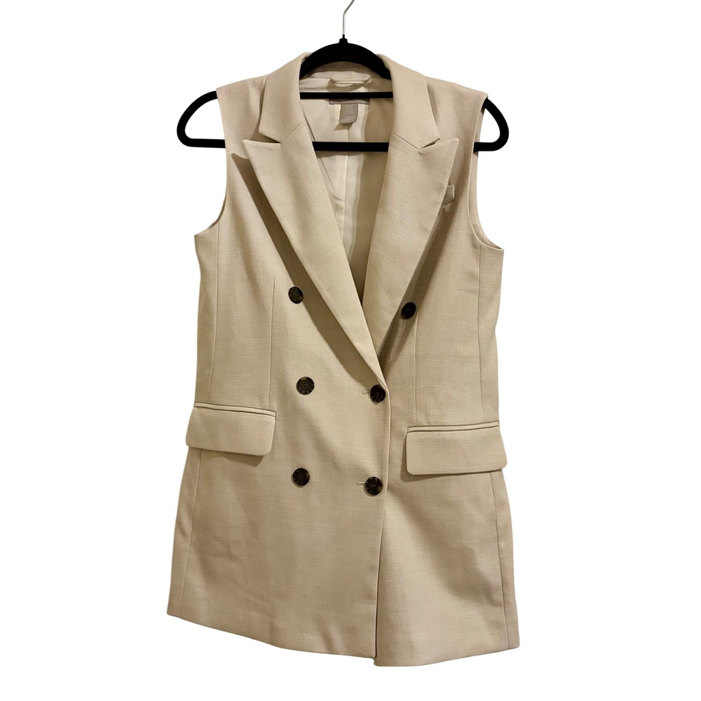 H&M Beige Double Breasted Long Sleeveless Blazer Vest XS Quiet Luxury - Picture 3 of 10